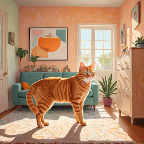 "A highly detailed, humorous digital painting of an orange tabby cat with wide, curious eyes fixed on a distant point in the same quirky, modern home interior with soft pastel walls and contemporary furnishings. Warm, cinematic lighting, realistic shadows,...