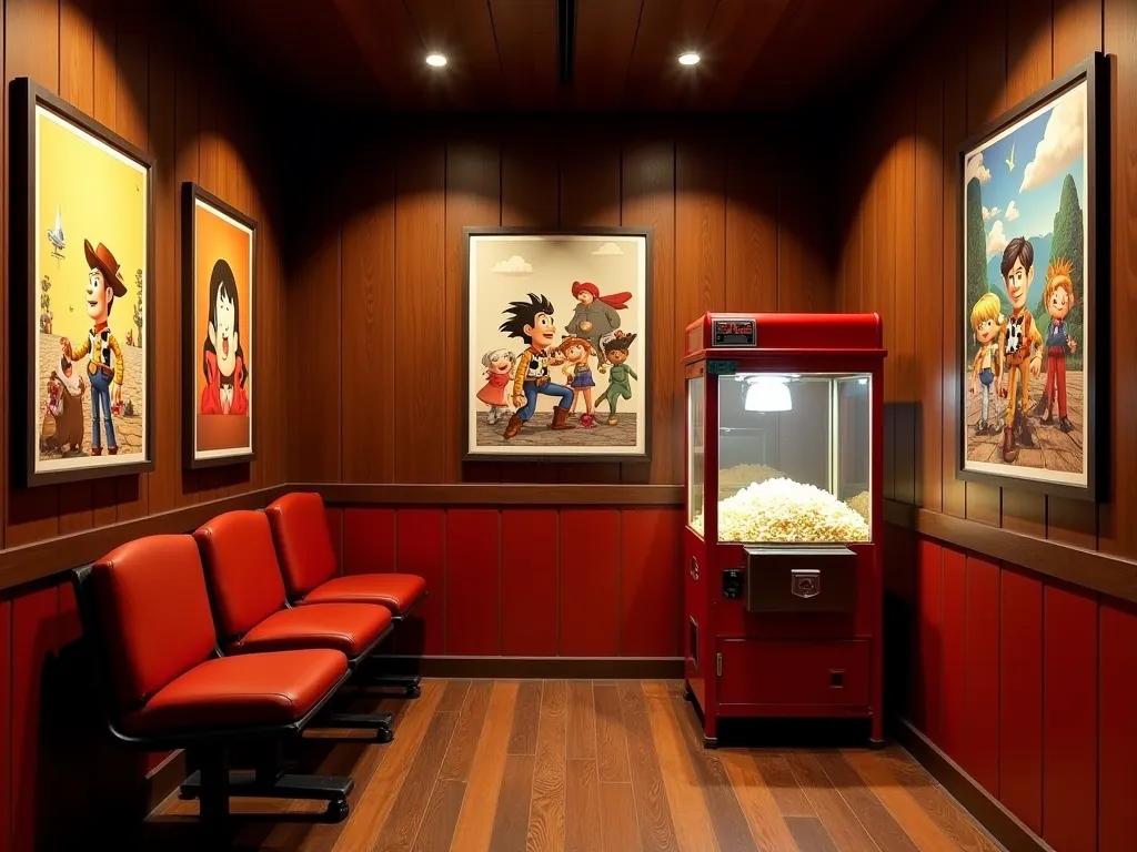 Design a 90s-2000s movie and cartoon show zone in an old cinema atmosphere. Dark wood walls decorated with classic leather posters like Toy Story, Spirited Away, Dragon Ball Z has a small movie screening room that uses vintage cinema-style wooden chairs. T...