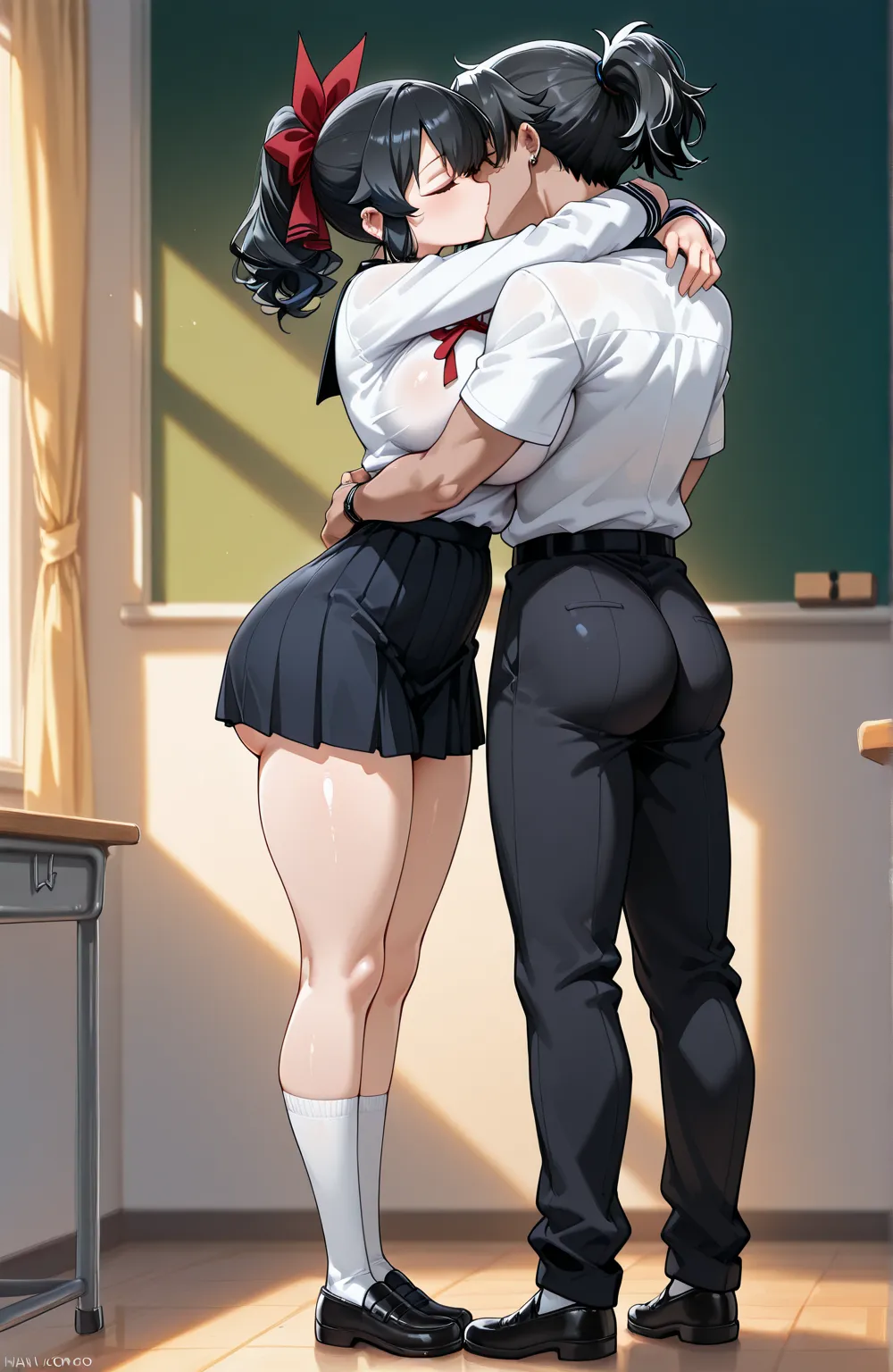 the best quality,   source   _anime, masterpiece, Not suitable for work, Women ( full body, big breasts,  Slim waist ,  big ass,  cabello largo ,  ponytail tied with a red ribbon  ,  dressed in a school uniform with a short skirt),   hugging and kissing a ...