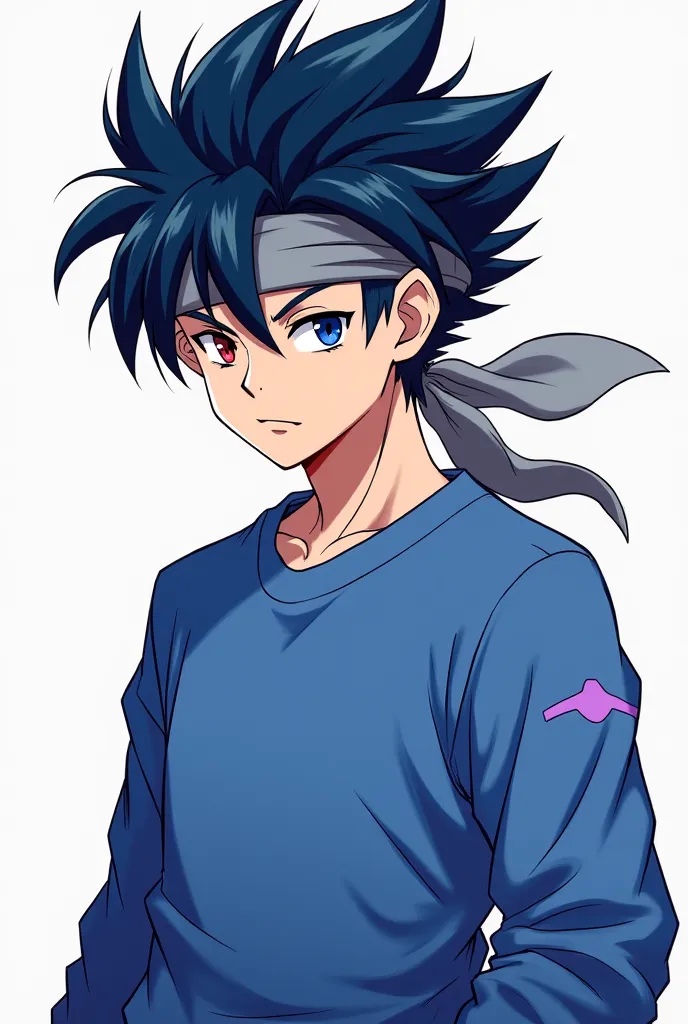 Create a strong male character with a cool and full tuft, a gray bandana, with shiny dark blue hair, one eye is red, and the other side of the eye is blue, fair skin, loose blue sweatshirt full of bright light purple details with light purple hues, make a ...