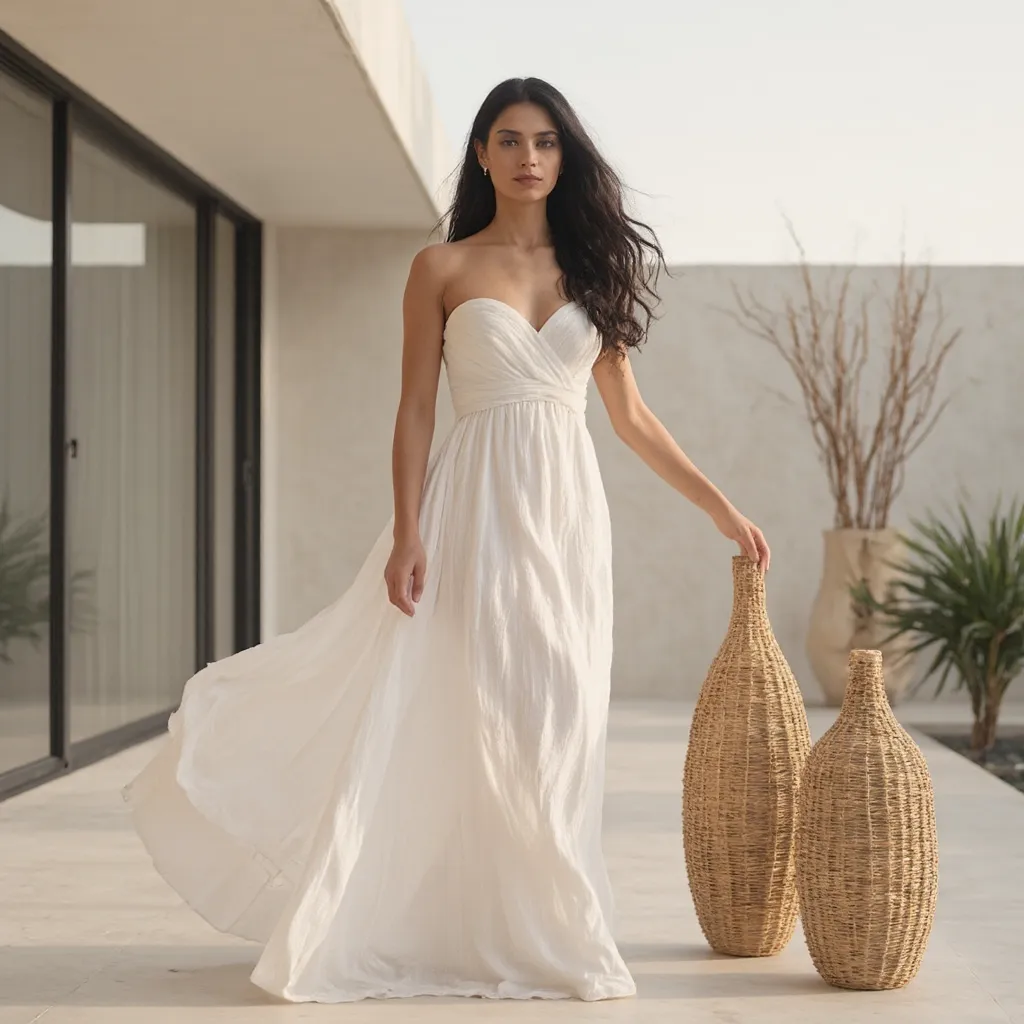 A beautiful Mexican model, dressed in an elegant white designer linen dress, stands gracefully in a modern architectural patio. She poses subtly beside two large rattan and wicker vases, each one meter in height. The vases feature a high-density weaving pa...