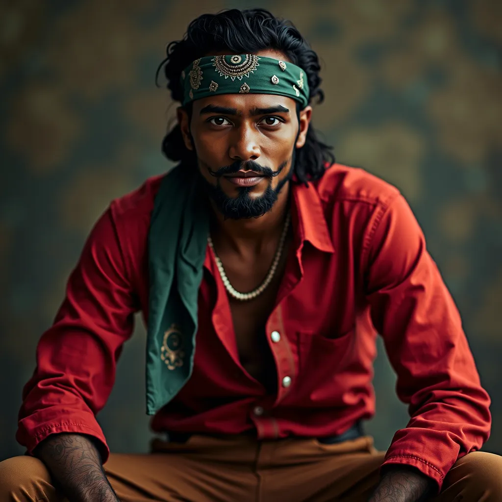 A (((dark brown skinned gypsy))) with ((intricate details around his lips)) and a (((full set of dark brown eyes))), accessorizing with a sleek ((green bandana)) covering his hair, leaving only the suggestion of a smile, dressed in a ((red long sleeve shir...