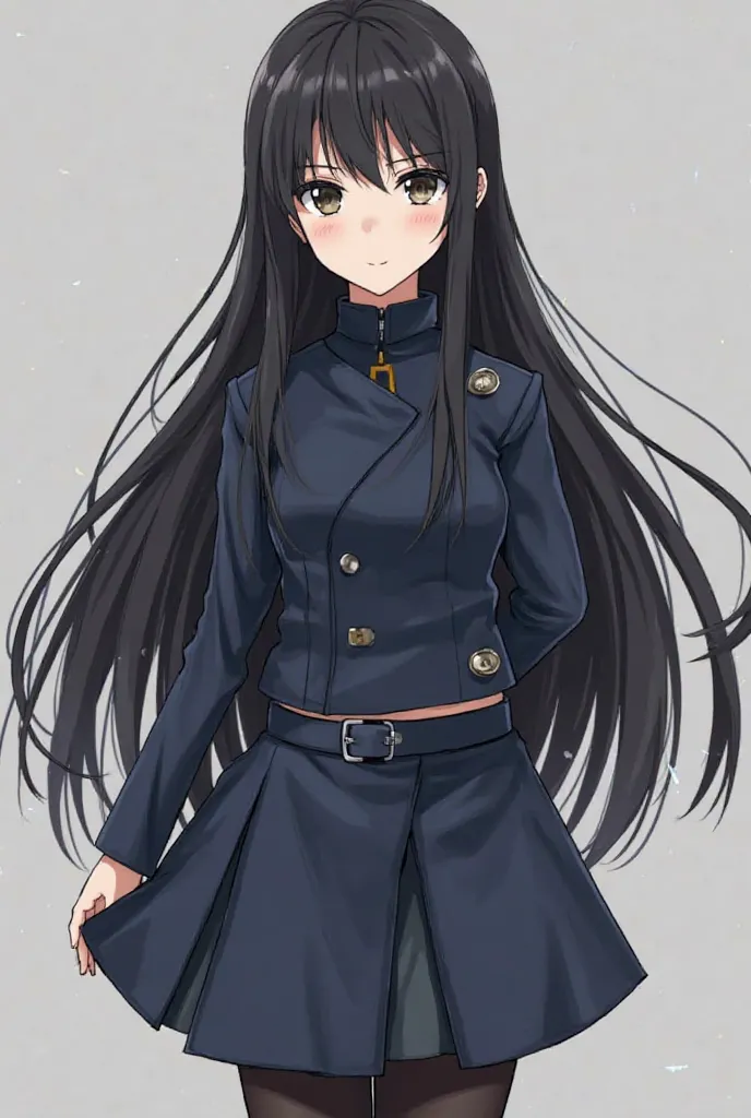 Anime girl long straight black hair with straight bangs, elongated eyes like cats, elongated dark blacks dressed in the uniform asymmetric dark blue short jacket with a high collar and two swirl buttons on the left side and a dark blue knee-length skirt to...