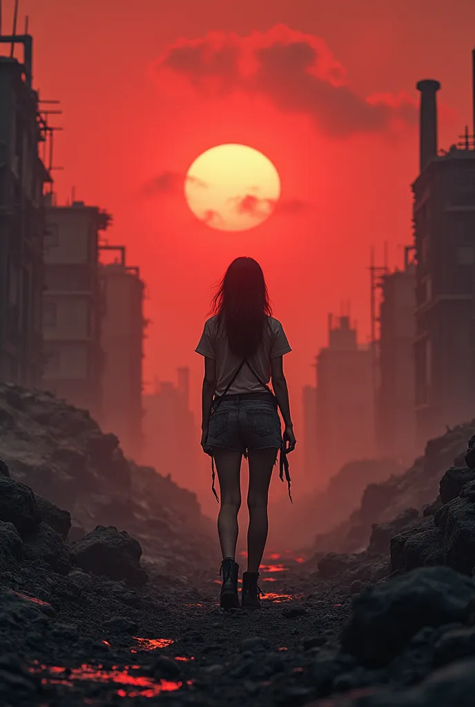 "A lonely young woman standing on a landscape post-apocalyptic. Around you, the ruins of a devastated city, with collapsed buildings and ashes covering the ground. The sky is dyed dark red and dense clouds hide the sun, projecting a faint and threatening l...