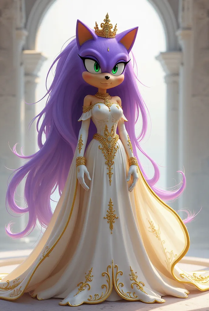 Sonic the hedgehog's mother is taller, Is a hedgehog , wears a long white dress with yellow details, A queen's tiara, green eyes and long purple hair