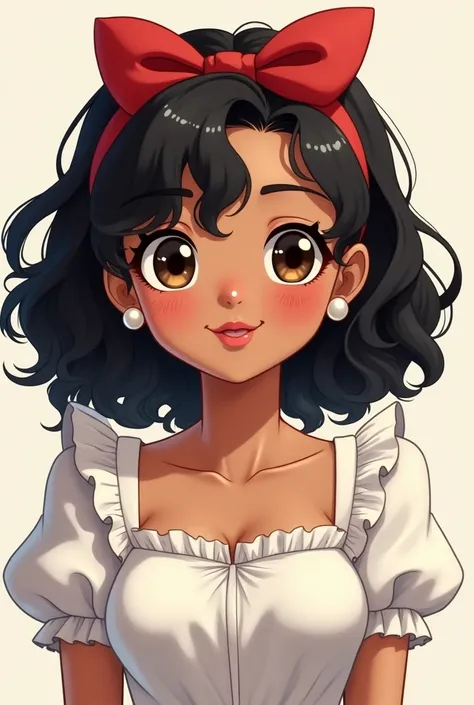 2D anime style of a chubby girl with mid length black curled hair like sabrina carpenter's hair, really dark brown eyes, tan skin. she is wearing a red headband, an all white milkmaid top, and pearl earings. the photo should be from the bust up. she should...