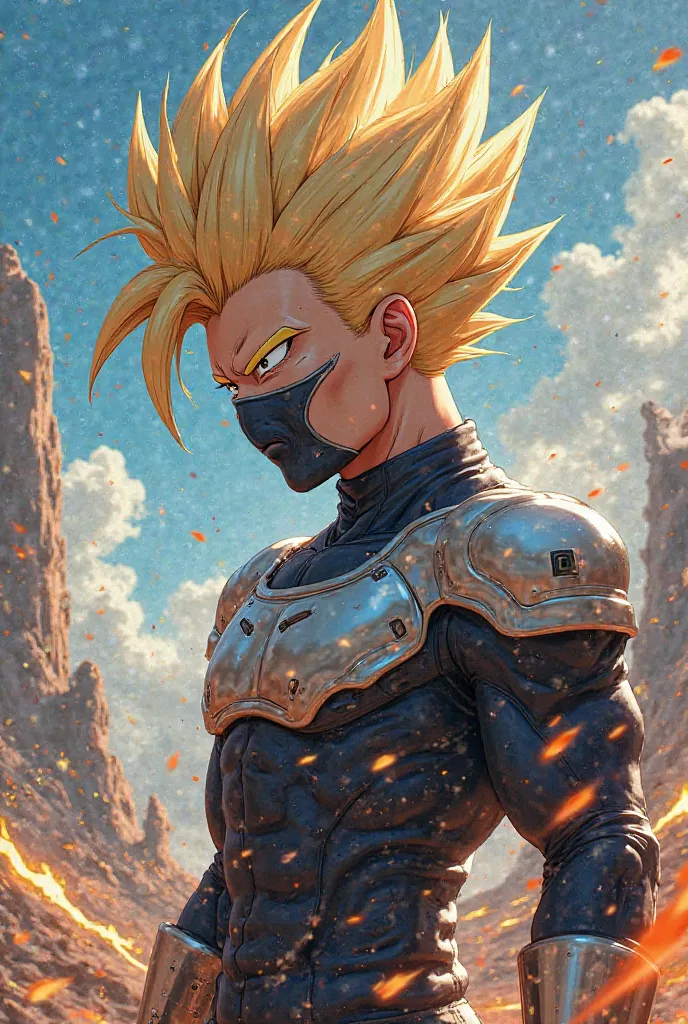 A dbz style drawing, a person with hair similar to that of the Gohan of the future with Super 17 clothes and with a mask just like that of a cooler