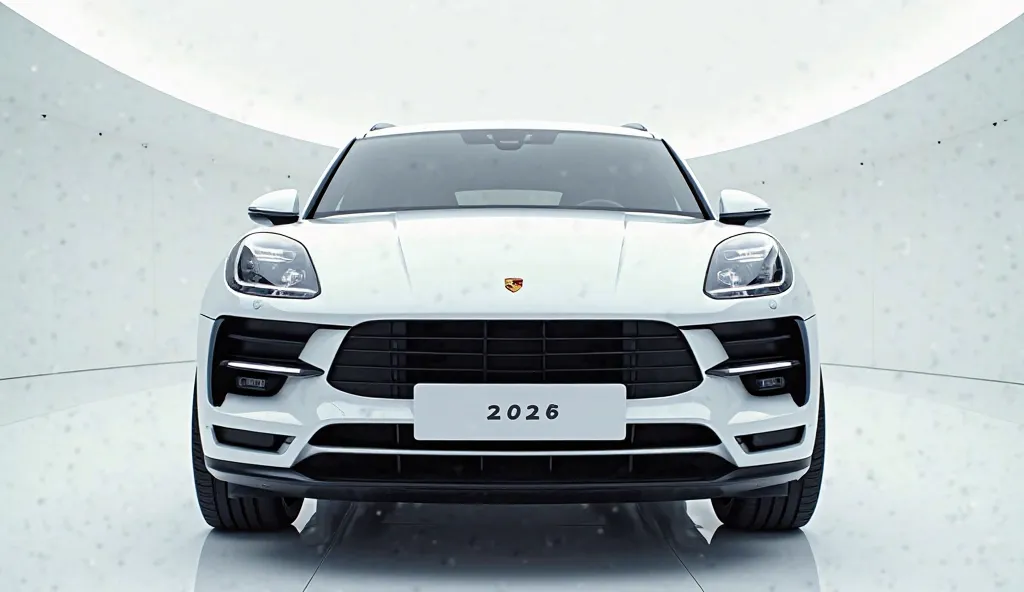 A captivating and futuristic image of the 2026 Porsche Macan ev  is displayed in a luxurious white showroom. The car is painted in a striking vibrant white white   hue, emphasizing its sleek, aerodynamic design with bold accents that highlight the cutting-...