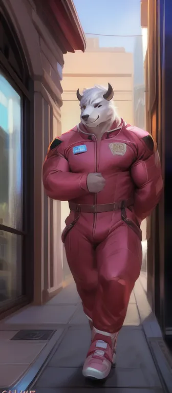   alone  , Male​ tall​., huge body,​standing, street ,polar bear​ buffalo ,buffalo horn,  ​ heavy  เกินพิกัด,   muscle bound , pink Military Spacesuit,Smirking, by chunie  