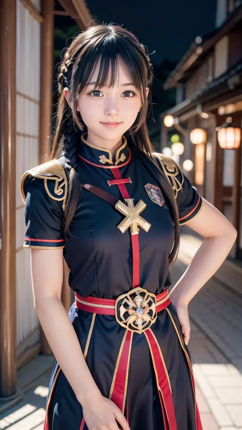 16years old,braid,cute face,beauty skin,miracle beauty,(japan armor costume),(cross arms),nice body,smile,from front,upper body,at the Japan castle,