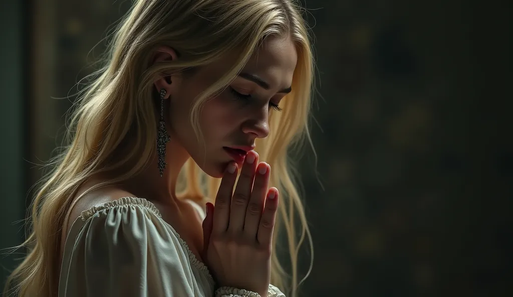 a beautiful blonde girl, in left side, cross earrings, sad praying, wrapping around her hands, high quality, photorealistic, detailed portrait, beautiful woman, long flowing hair, melancholic expression, hands clasped in prayer, ornate cross earrings, dram...