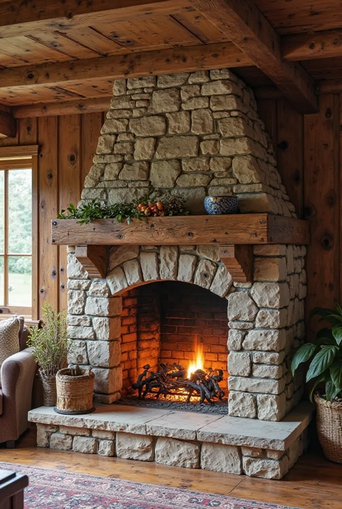 Stone and brick fireplace with hood supported by oak beams. Antique rural style 