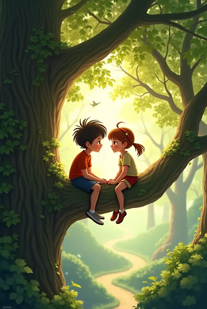 A boy talking with her friend in a tree