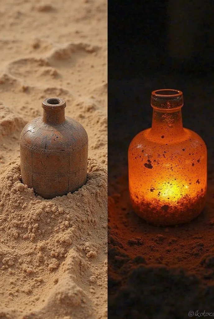 side-by-side comparison of the Baghdad Battery: on the left, an ancient version buried in the sand, partially uncovered by an archaeologist’s brush; on the right, a modern reconstruction demonstrating how it might have worked to produce electricity, glowin...