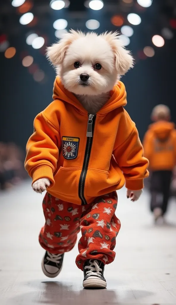 A cute, small fluffy dog with white fur walks down the runway wearing an oversized orange hoodie with a stylish patch, layered over a zip-up jacket. The dog pairs it with baggy, red patterned pants and high-top sneakers, showcasing a trendy streetwear look...