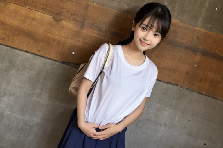 Asian cute girl, a , Wearing an oversized plain t-shirt and No pants no skirt no bra, very small breasts, baby face, tiny face, tiny body, short arms, short legs, bending forward, smile, Highest quality, masterpiece:1.3, Ultra-high resolution), (Very detai...