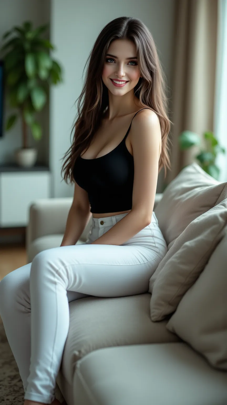 (((Beautiful, slender female figure with big curves),(Wear a black tank top and tight white pants),(With a smile))), Expressing joy while sitting on the sofa and watching TV in a clean and tidy living room, Detailed Background ,Vibrant colors,exquisite det...