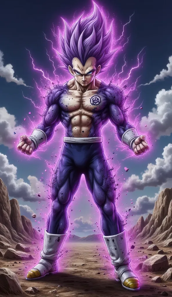 "A powerful Saiyan warrior stands in a dominant and imposing stance on a devastated, rocky battlefield under a dark, stormy sky filled with swirling clouds and crackling lightning. His muscular physique is accentuated by battle-worn Saiyan armor, with a to...