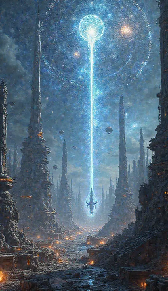 An intergalactic civilization of type 3, collecting energy from stars to power their futuristic cities. The scene shows a fleet of spaceships channeling stellar energy through colossal structures. shades of blue, silver and gold dominate the scenery, creat...