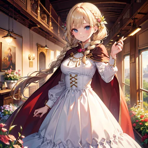 ((top quality))、((masterpiece))、(details)、(super high resolution)、cute girl、very young、solo、
(light blonde、long braids)、big breasts、
(hey、 Dress with Long Train and Cape)、
 standing、(cowboy shots 1 and 3)、
 Smile with Closed Mouth 、
Beautiful gardens、profe...