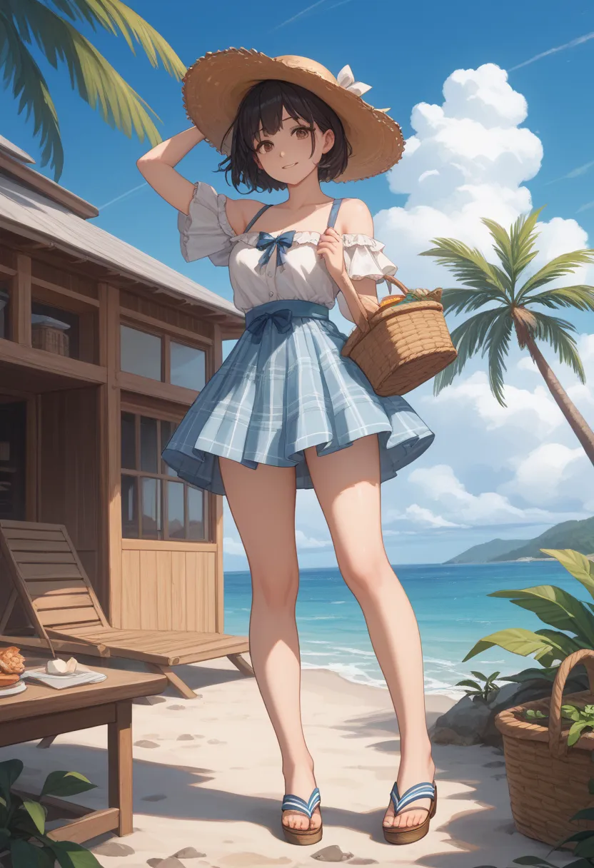 sea、 palm trees、 sandy beach、wood house、off shoulder blouse、gingham check skirt、sandal、ribbon straw hat、Sandwiches、basket basket、blue sky、cloud、short hair、brown eyes、Black hair、