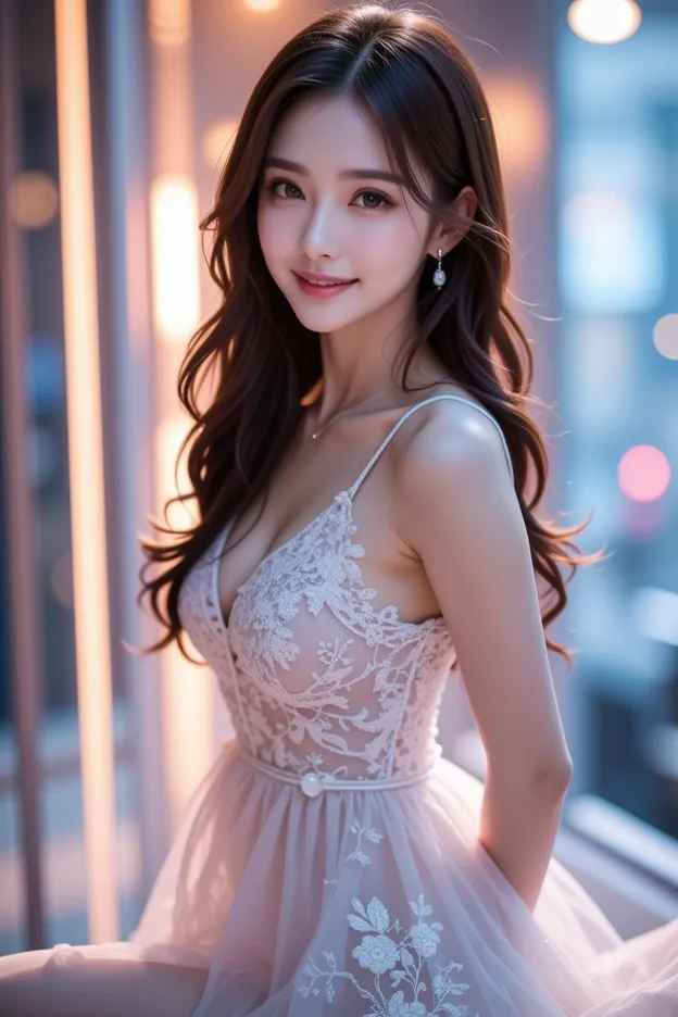  Beautiful Virtual Idols  ,  Detailed Digital Avatars  , bright holographic figure , Clear Glowing Skin  , detailed facial features , charming smile , Delicate expression,  I wear long, flowing hair , Elegant Poses ,  Surreal Futuristic Environments  , pol...