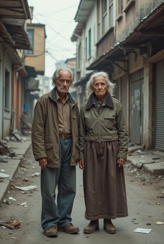 An abandoned couple with good background on street. And give a space to add my pic in standing postures. In 16:9 ratio giving interview to student. And old man and women 