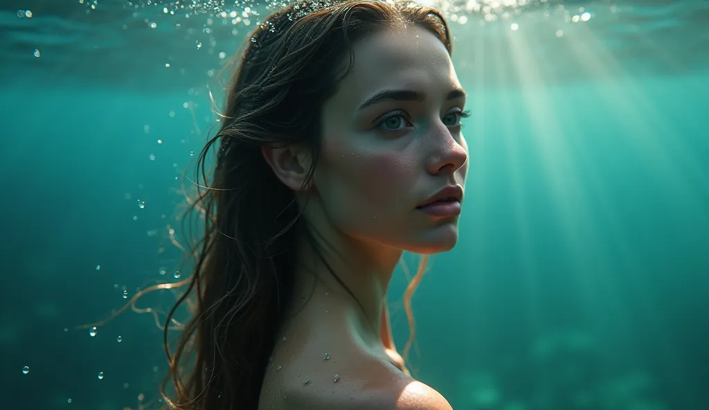 Ultra-realistic 8K cinematic close-up of a mermaid’s side profile as she looks over her shoulder with a confident, knowing expression. Her wet, glistening skin reflects the soft, dappled sunlight filtering through the clear ocean water, highlighting the sm...