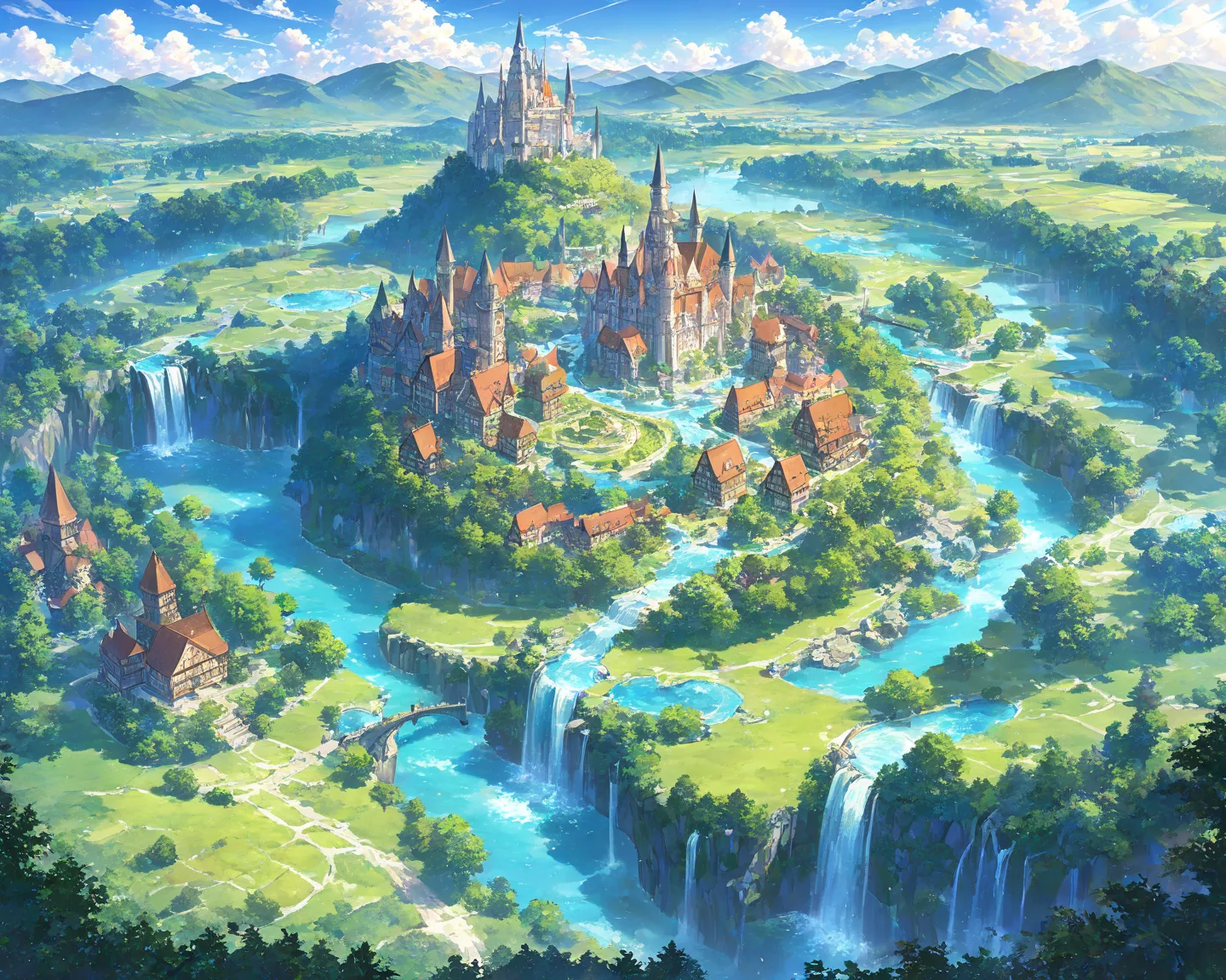 Create a fantasy world map in a top-down perspective with intricate details and a magical atmosphere. At the center, place a majestic castle on a hill, surrounded by a lush, colorful garden. The castle should have elegant towers and intricate architectural...