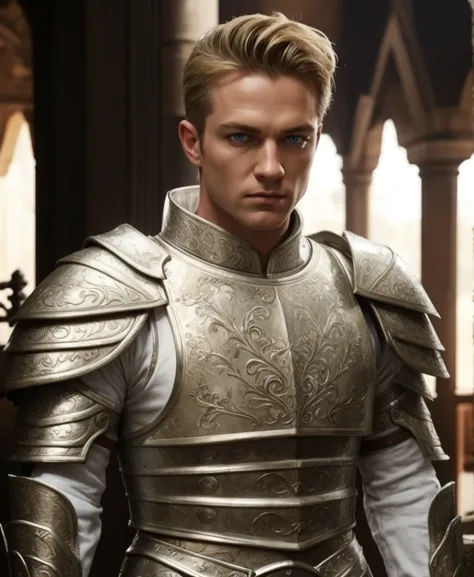 A General, he has blue eyes and blonde hair. He is wearing full white armour. Realistic with cinematic vibe.