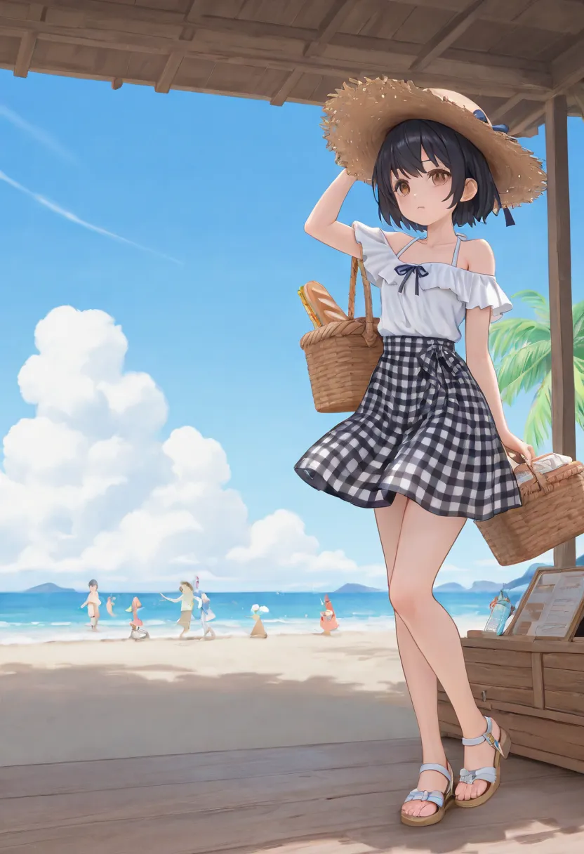 sea、town、 palm trees、 sandy beach、wood house、off shoulder blouse、gingham check skirt、sandal、ribbon straw hat、Sandwiches、basket basket、blue sky、cloud、short hair、brown eyes、Black hair、