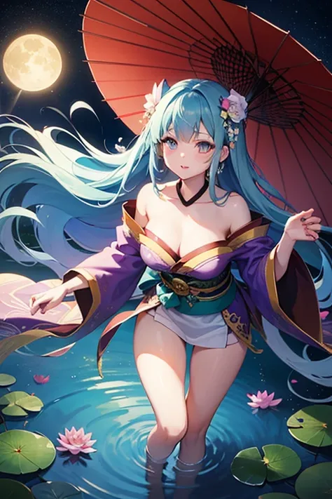 Kagura in the Water Lily skin exudes elegance and mysticism, embodying the serene beauty of a floating lotus. Here are the key design elements:

Outfit & Colors:

She wears a flowing kimono in soft blue and white, adorned with delicate pink water lily patt...