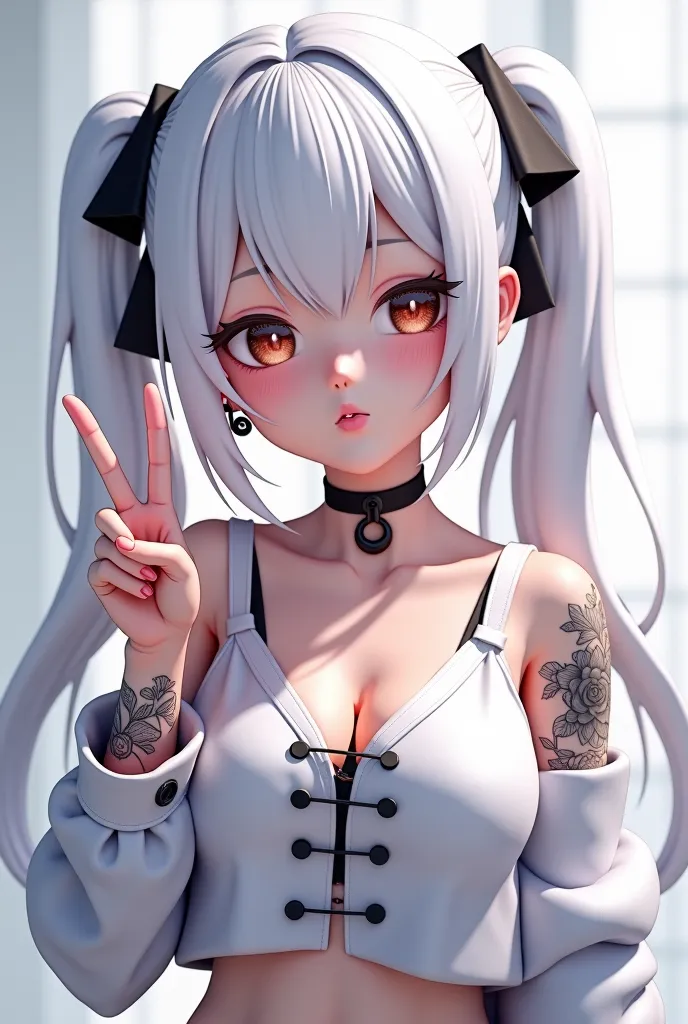 anime girl with white hair and tattoos making a peace sign, a 3D render by Sengai, pixiv, conceptual art, ahegao, ahegao face, shikamimi, anime styled 3d, render of a cute 3d anime girl, white haired deity, [ 4 k digital art ]!!, twintails white_gloves, an...