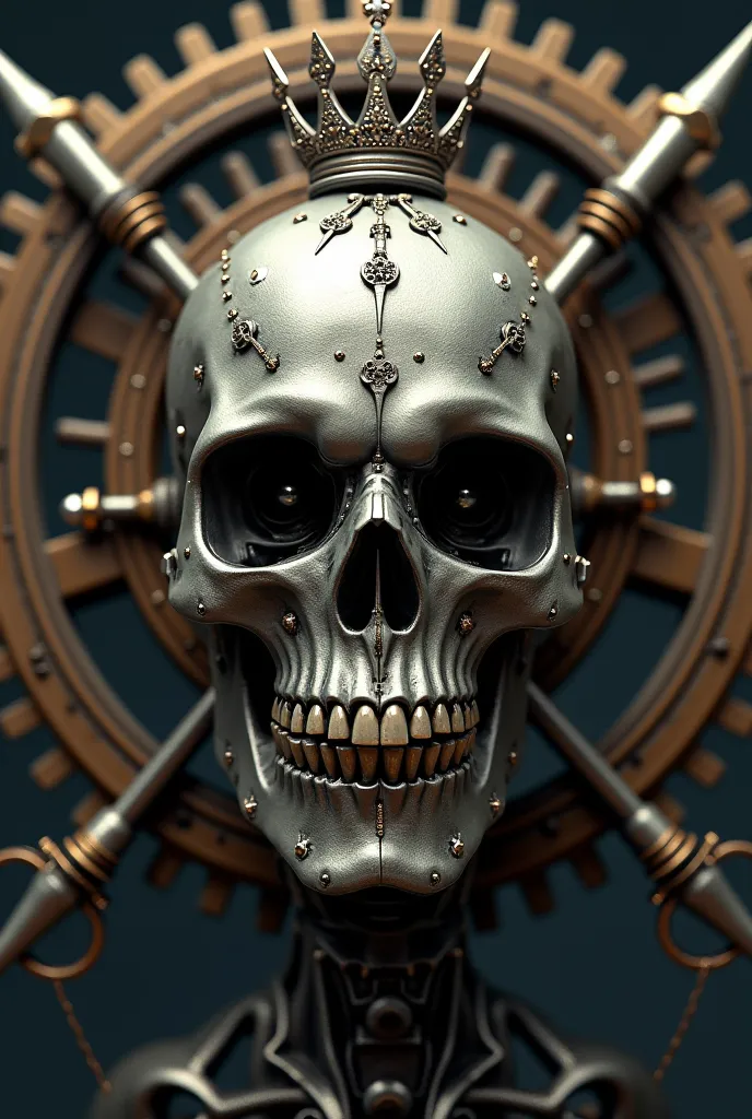 Create a drawing of a mechanical skull with a background gear and two pointed and crown keys crossed behind