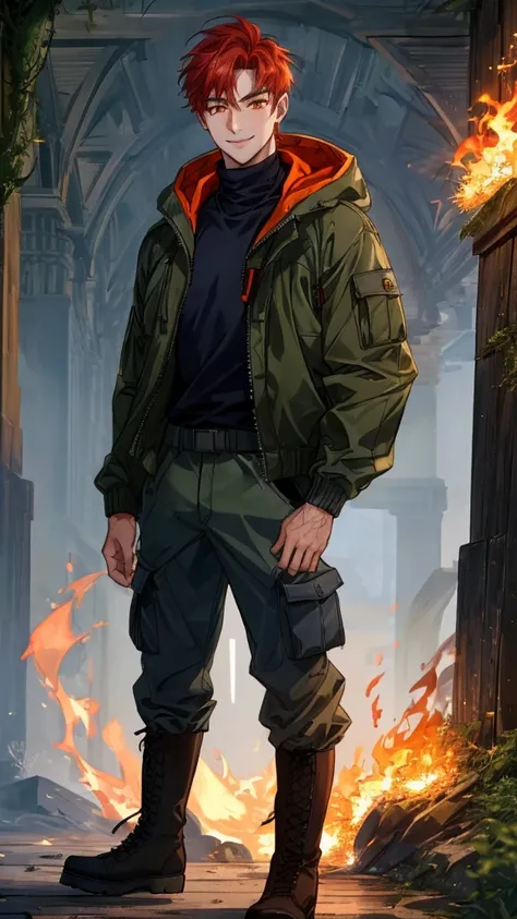 ((best quality)), ((masterpiece)), ((perfect faces)), (( ultra-precise depiction)), (best image quality), ((detailed face)), ( 1 26-year-old male, smile,  short red hair,  orange eyes ,  trevally,  muscular, moss green hooded jacket,  navy cargo pants ,  b...