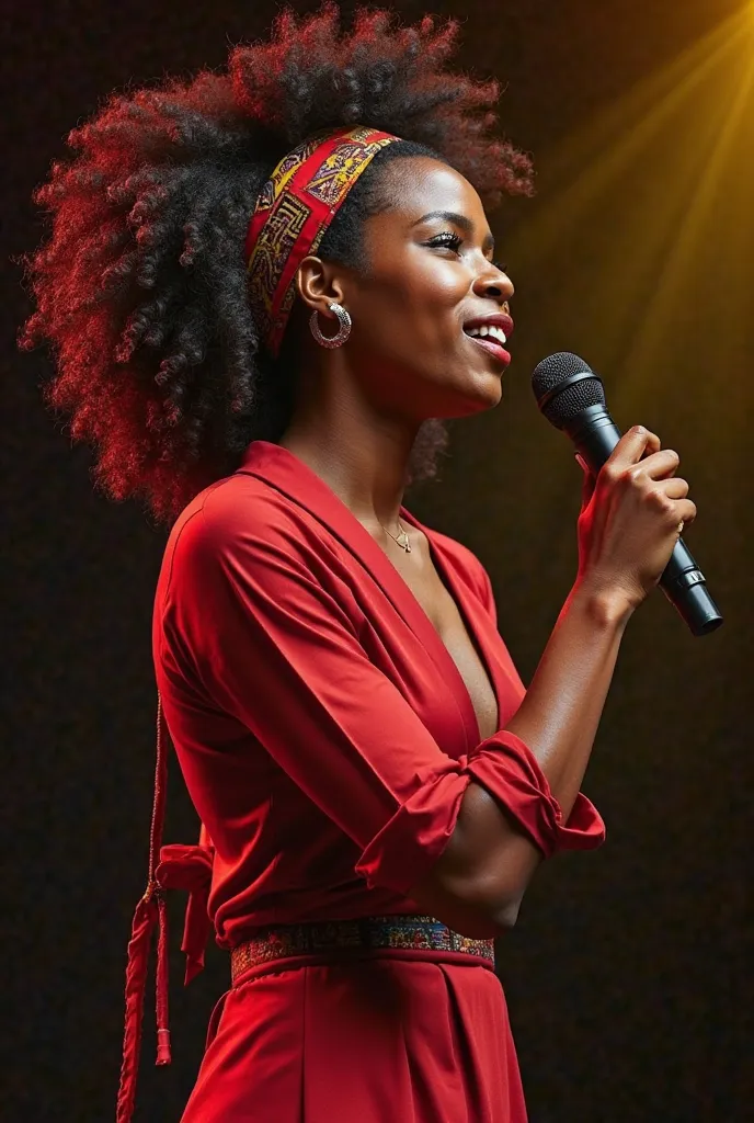 A dynamic Black woman in profile, holding a wireless microphone with energy and confidence. She has voluminous, well-defined curly afro hair that moves slightly, enhancing the sense of motion. She wears a deep red wrap top (cache-cœur), elegant and fitted,...