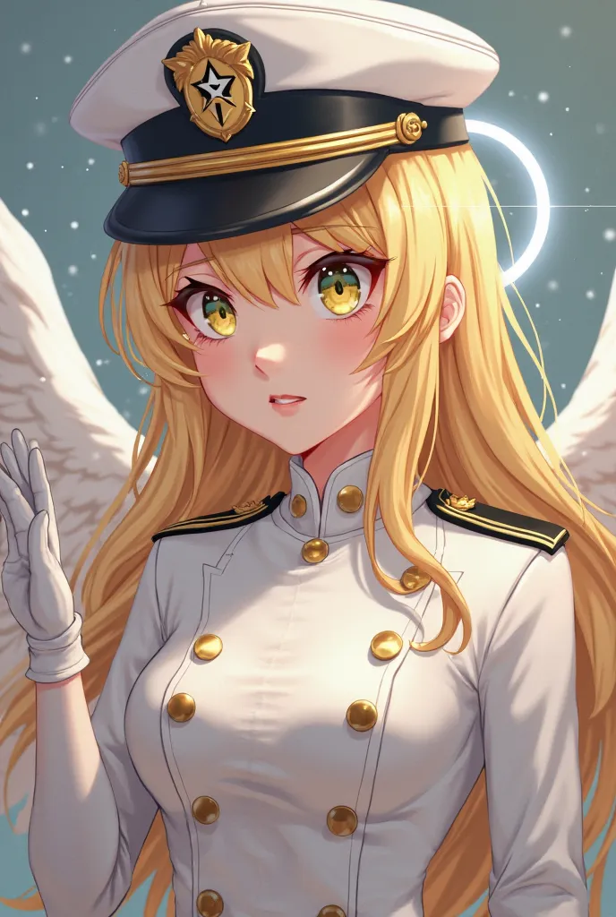 Make me a femboy angel only 164 cm tall with golden hair eyes with a white ring inside their eyes clean face wwear a small general like white suit with a white  captain hat, gloves looking at a scroll in confused and tired expression 