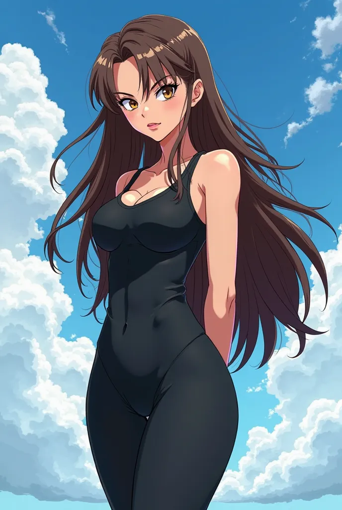  Create an image of a Woman, with long brown hair, black set, standing with his hands behind his back, that the background is a blue sky with clouds and the Dragon Ball Z style with thick lines, vibrant colors and shading 