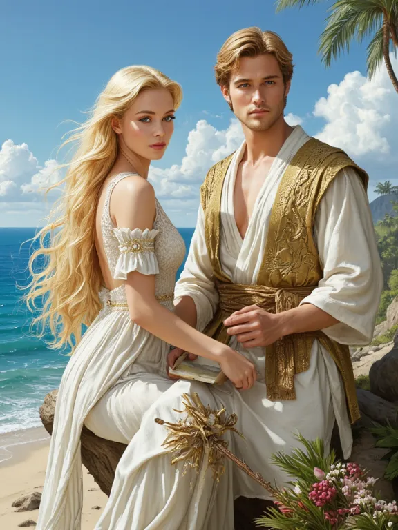 Make a novel cover for a royal couple of men and women. The woman is very beautiful and cute with very long blonde hair and blood red eyes. The woman is wearing a dress. The woman sits on the edge of a cliff. With a man with short blonde hair and blue eyes...