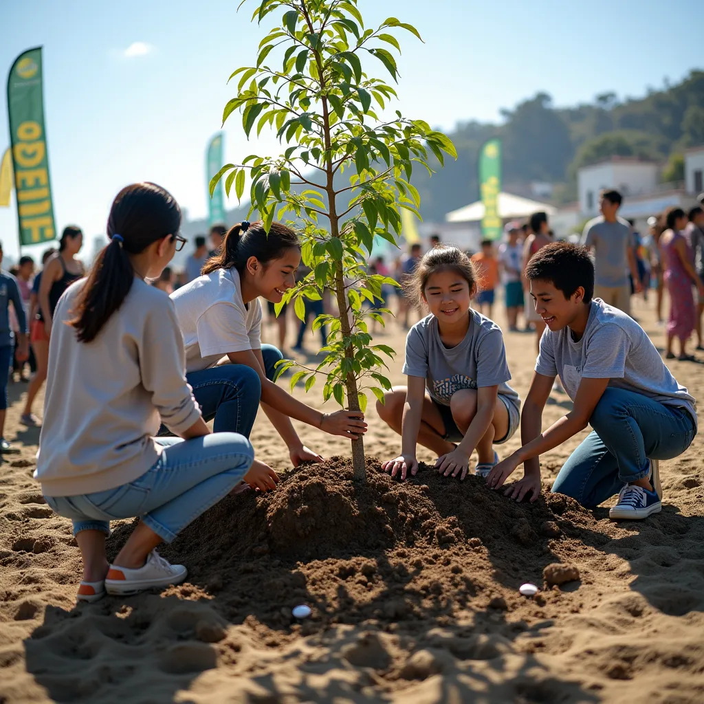 Communities united to face climate change":
Image of a community participating in a tree planting or beach cleaning event, with people of all ages united in action. In the background, banners and posters with environmental awareness messages, reflecting co...