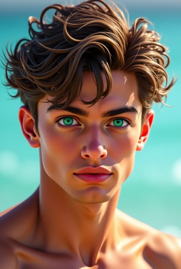 A man around 23 years old. without a beard. Surfer's court, half curly , brown with lighter locks. Emerald green eyes. marked jaw. And slightly brown skin