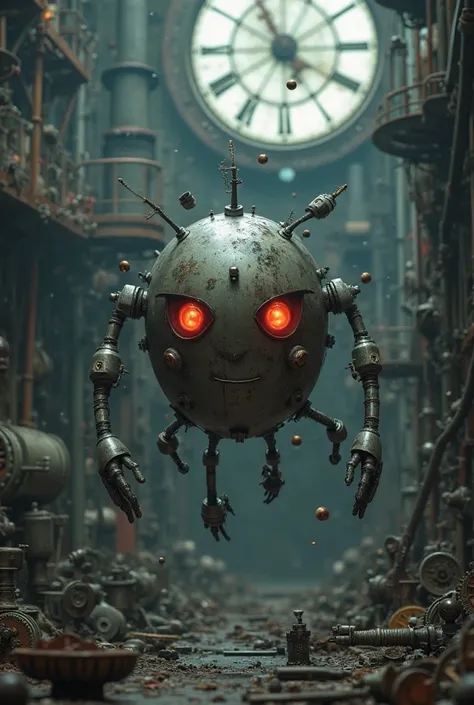 Hagurumon floats in a dark factory building, surrounded by mechanical components and rotating gears. Its metallic surface reflects the matte light of the environment, while his glowing red eyes show an intensive expression. Several small gears float around...