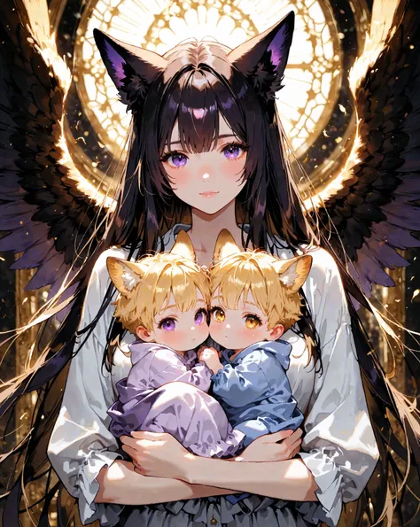 2babys, twins, baby, blonde hair, purple eyes, one with fox ears the other without. Newborns. 


(Mother, 1girl, Blonde hair, golden eyes,kitsune.)

(father, 1fallen angel, 1boy, purple eyes, dark hair.) 
