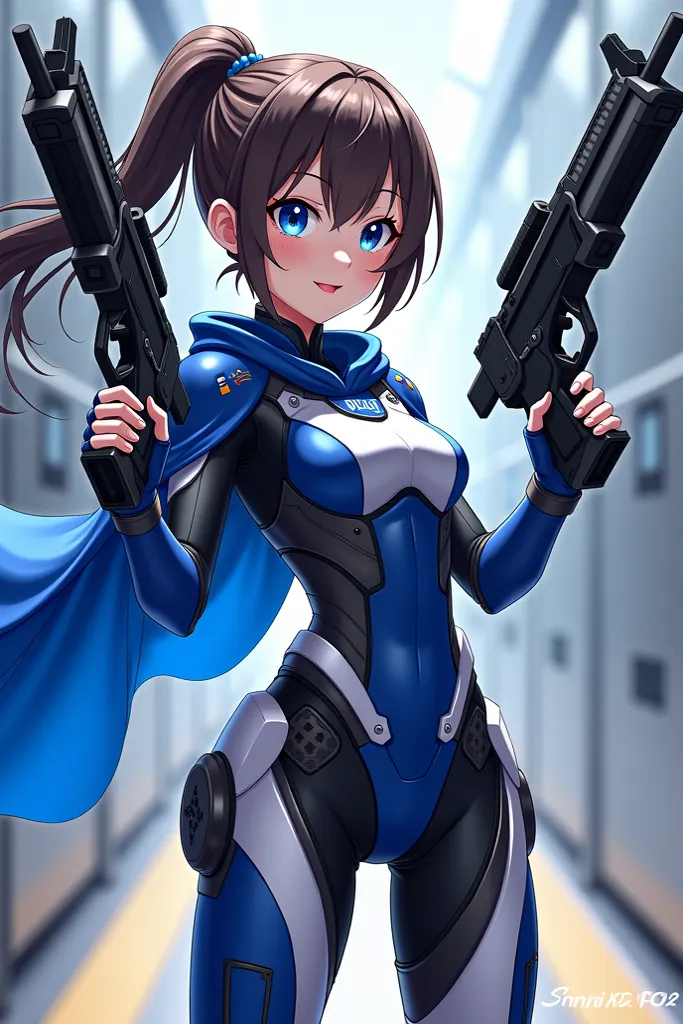 anime girl ,Dress ,Police Pattern Robot Suit ,cute look ,Holds 2 Rifles ,Blue Police Stripe Robe , blue eye ,Armoury