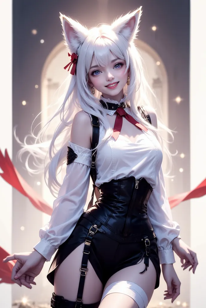 full body,  active pose, slow motion, (facing camera)
Imagine a sophisticated and elegant girl. She has soft grey skin with glitter, long white hair is braided in two . There are two red bows on the head. The girl is wearing a white shirt with puffy sleeve...