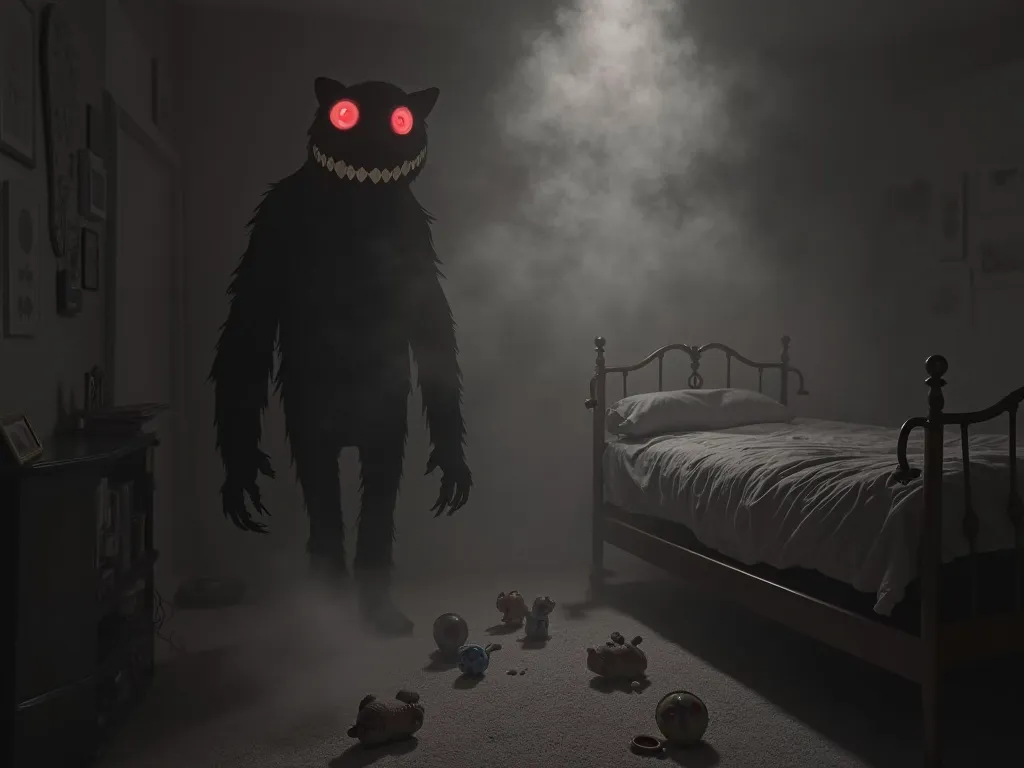 dark room with toys on the floor surrounded by fog and a very large black shadow of claws and bright eyes standing in the dark of a corner with round bright red eyes standing next to the bed in black and white