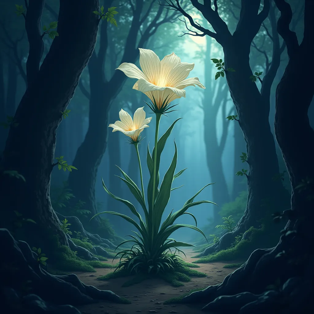 In anime mode, An Acanthus in a dark forest background and a glimmer behind