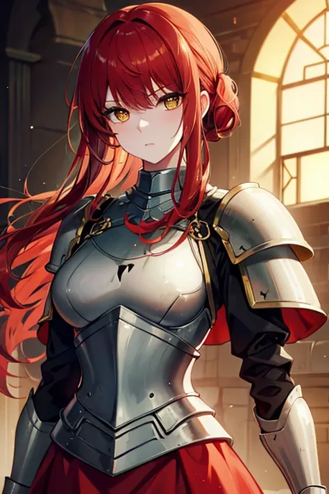 super detail, bust shot, female, expressionless, mature and beautiful, red hair, long hair, low ponytail, yellow eyes, long red skirt, Cuirass Armour, iron armour, black top, manly