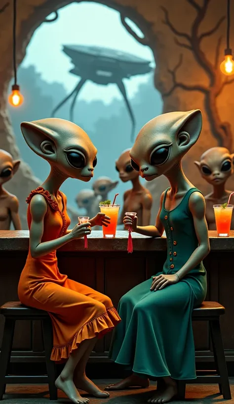 


Two alien women with large, expressive eyes and smooth, gray skin slump tipsily at a dimly lit bar, surrounded by other diverse alien patrons. The woman on the left, visibly drunk, wears a vibrant orange dress with a ruffled hem and a fitted bodice, her...