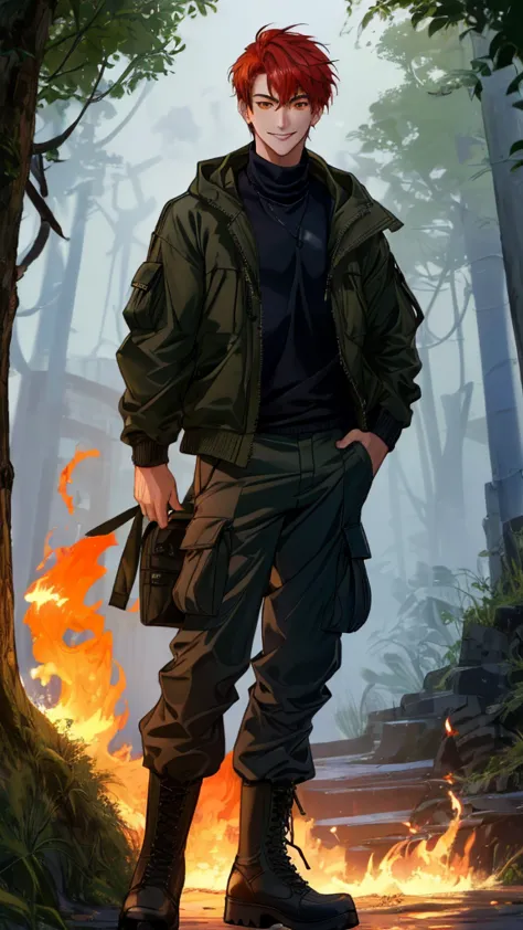 ((best quality)), ((masterpiece)), ((perfect faces)), (( ultra-precise depiction)), (best image quality), ((detailed face)), ( 1 26-year-old male, smile,  short red hair,  orange eyes ,  trevally,  muscular, moss green hooded jacket,  navy cargo pants ,  b...